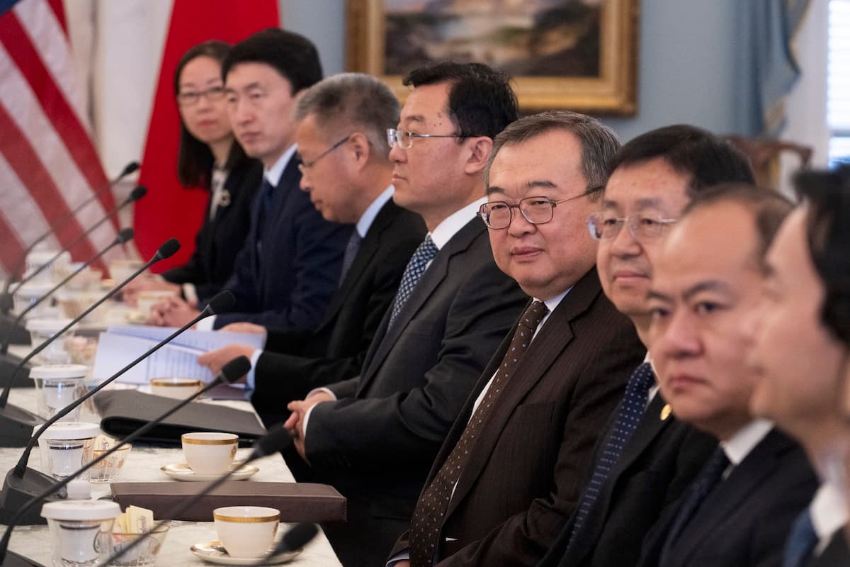 Chinese International Liaison Department Minister Liu Jianchao (4th R) meets with U.S. Secretary of State Antony Blinken at the State Department in Washington on Jan. 12, 2024. (Roberto Schmidt/AFP via Getty Images)