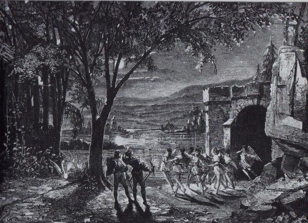 Design of Swan Lake ballet by F. Gaanen for the décor of act 2, Moscow, 1877. (Public Domain)