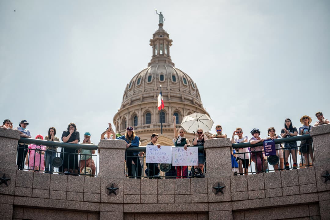 People protest legislation seeking to limit gender-related medical procedures for minors, at the Texas Capitol in Austin on March 27, 2023. (Brandon Bell/Getty Images)