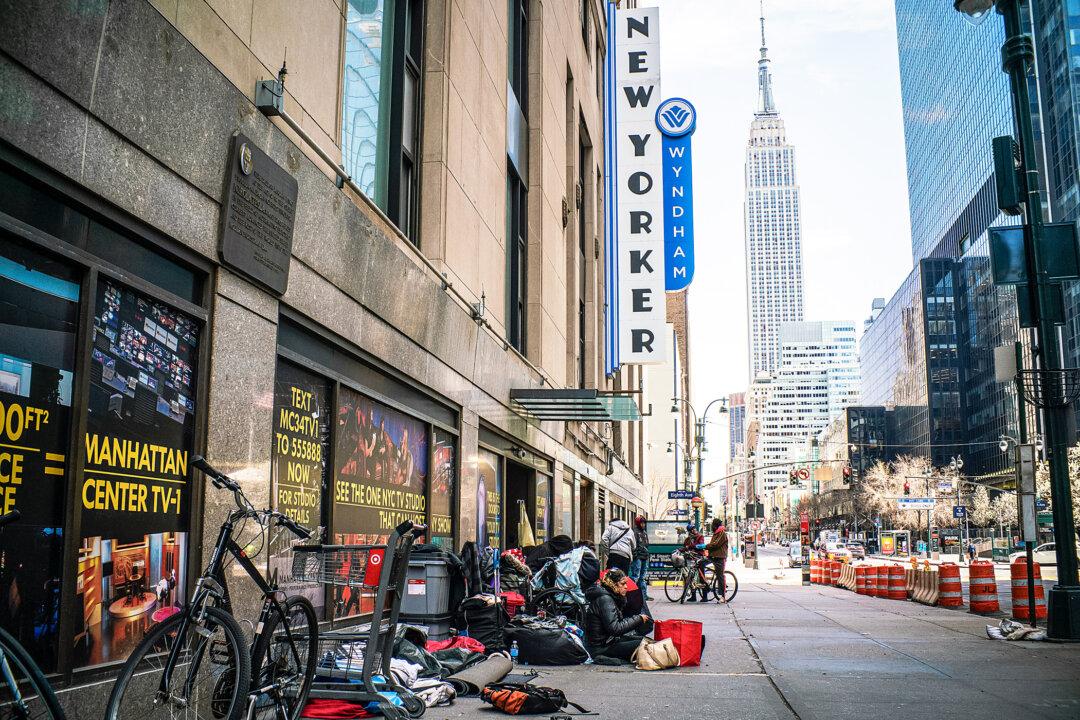 Homeless people live on a street in New York on March 24, 2020. Homelessness runs high in New York and in other East Coast cities, according to Mr. Eide. (Eduardo Munoz Alvarez/Getty Images)
