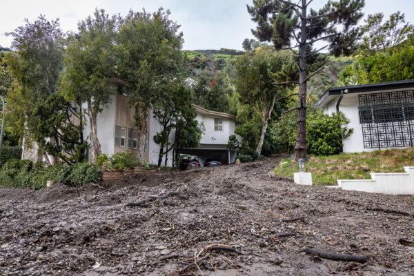 Mud slides created after heavy rain storms hit the city of Beverly Hills, Calif., on Feb. 6, 2024. (John Fredricks/The Epoch Times)