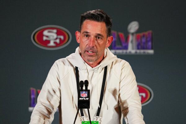 Head coach Kyle Shanahan of the San Francisco 49ers speaks to the media during San Francisco 49ers media availability ahead of Super Bowl LVIII at Hilton Lake Las Vegas Resort and Spa in Henderson, Nev., on Feb. 6, 2024. (Chris Unger/Getty Images)