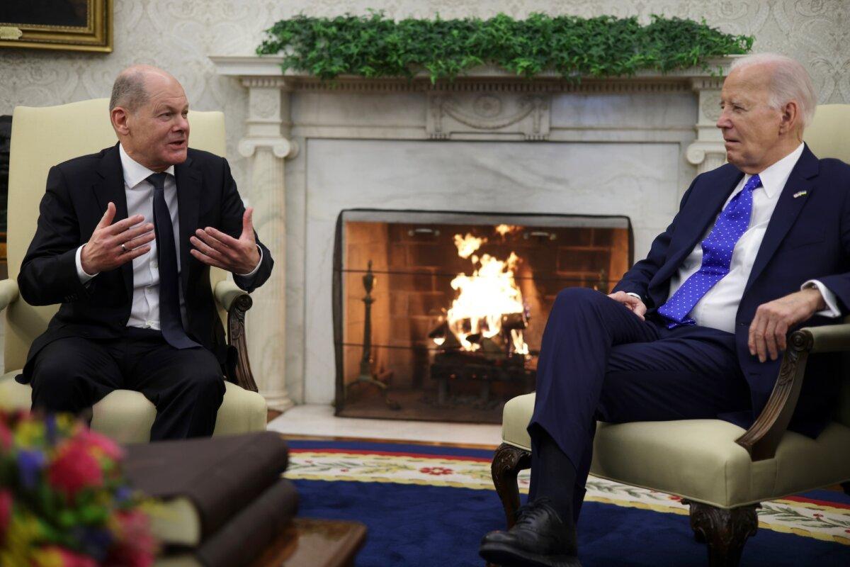 President Joe Biden (R) participates in a meeting with German Chancellor Olaf Scholz (L) at the Oval Office on Feb. 9, 2024. (Alex Wong/Getty Images)