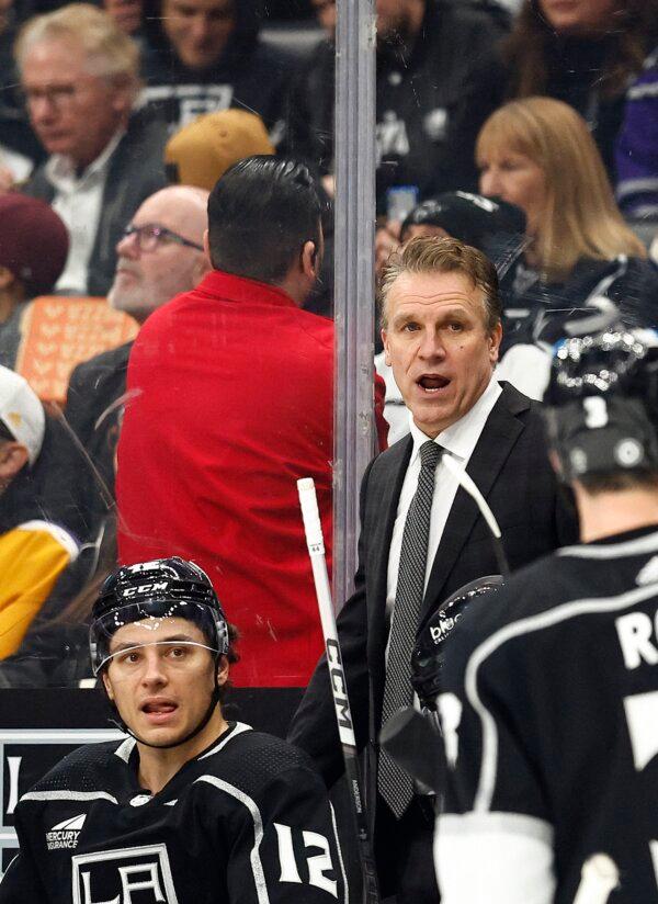 Interim head coach Jim Hiller of the Los Angeles Kings during play against the Edmonton Oilers in the first period in Los Angeles on Feb. 10, 2024. (Ronald Martinez/Getty Images)