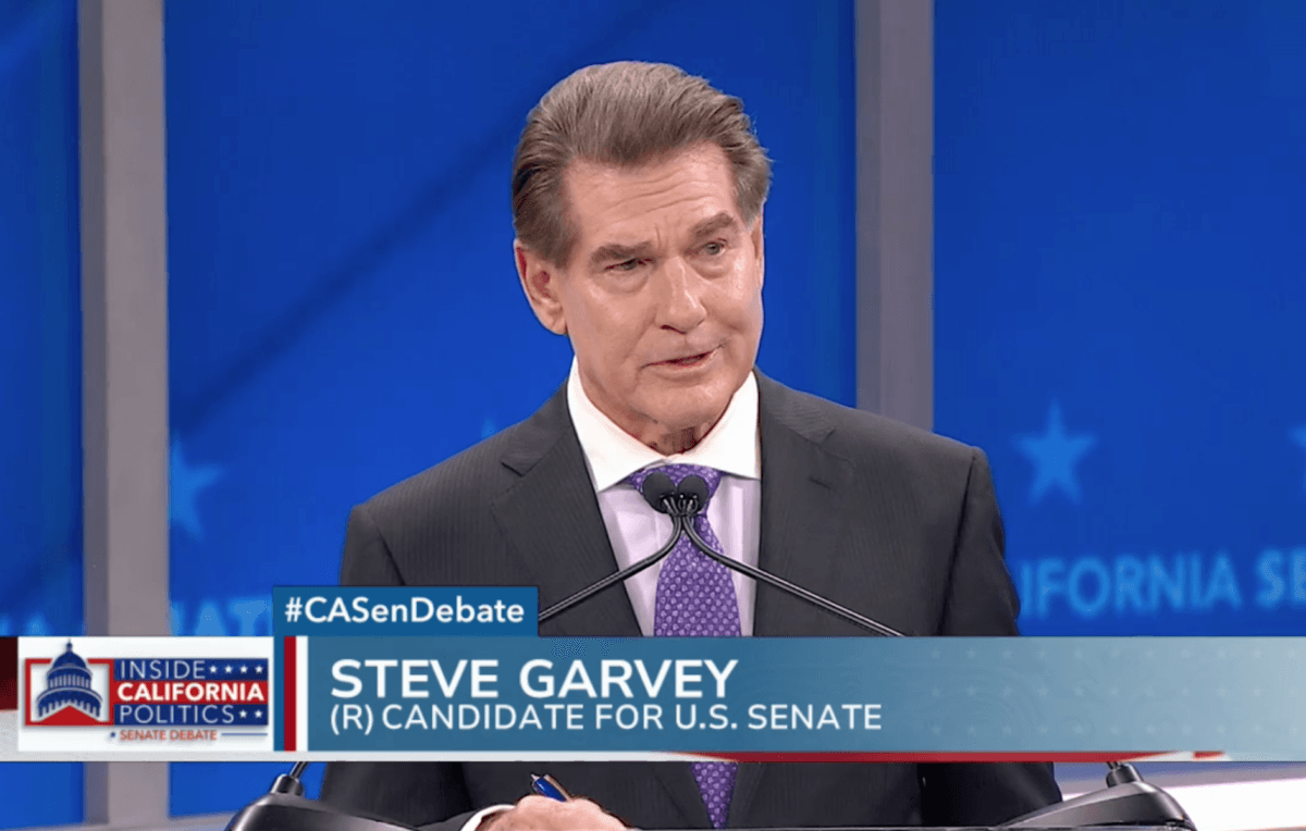 Republican Steve Garvey, Senate candidate, speaks during a debate in San Francisco on Feb. 12, 2024. (KRON4/Screenshot via The Epoch Times)