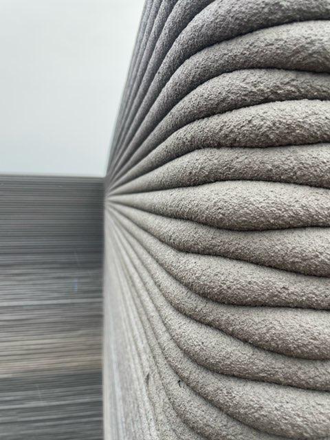 3D-printed concrete wall up close in Muscatine, Iowa in mid-2023. (Courtesy of Ziyou Xu of RIC Technology)