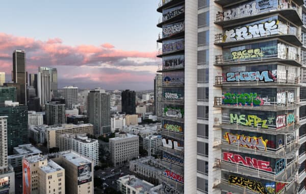 The LAPD says it has spent 3,000 hours securing the complex and arrested 18 people for trespassing. Above, Oceanwide Plaza on Feb. 2, 2024. (Mario Tama/Getty Images)