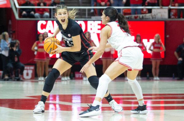 Ines Vieira (2) of the Utah Utes pressures Hannah Jump (33) of the Stanford Cardinal during the first half of their game at the Jon M. Huntsman Center in Salt Lake City, Utah on Jan. 12, 2024. (Chris Gardner/Getty Images)