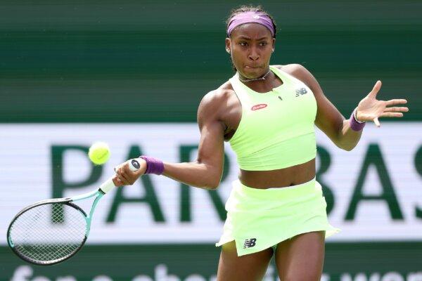 Coco Gauff of the United States returns a shot to Lucia Bronzetti of Italy during the BNP Paribas Open at Indian Wells Tennis Garden in Indian Wells, Calif., on March 11, 2024. (Stockman/Getty Images)