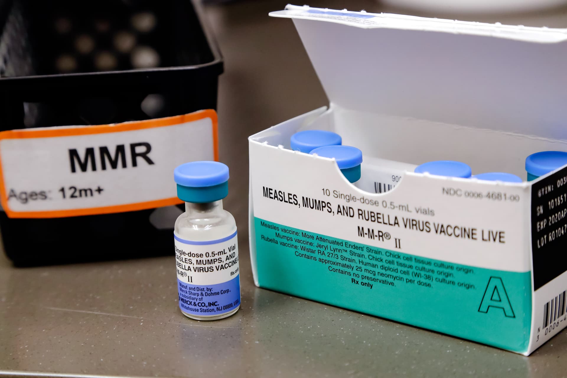 A dose of the measles, mumps, and rubella vaccine is displayed at the Neighborcare Health clinics at Vashon Island High School in Vashon Island, Wash, on May 15, 2019. (Elaine Thompson/The Associated Press)