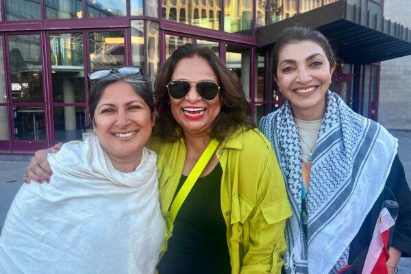 (L-R) Irvine Mayor Farrah Khan, Ayesha Kamran, and a pro-Palestinian demonstrator at a protest at the University of California–Irvine in Irvine, Calif., on April 29, 2024. (Courtesy of Ayesha Kamran)