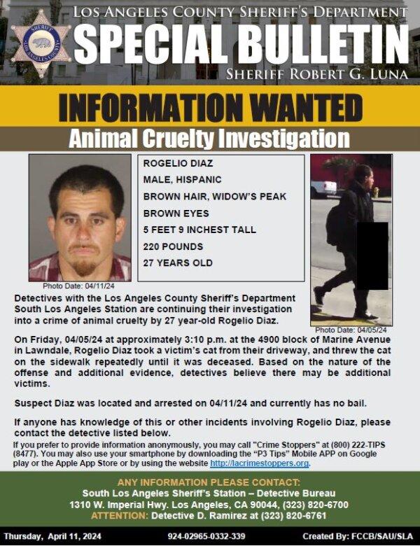A man suspected of killing a cat in Lawndale, Calif. (Los Angeles County Sheriff's Department)