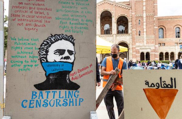 UCLA students protest the Israel/Gaza conflict in Westwood, Calif., on April 25, 2024. (John Fredricks/The Epoch Times)