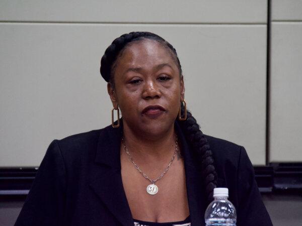 Tinisch Hollins, executive director of California for Safety and Justice—the principal author of Proposition 47—speaks at a panel discussion in Sacramento, Calif., on April 24, 2024. (Travis Gillmore/The Epoch Times)