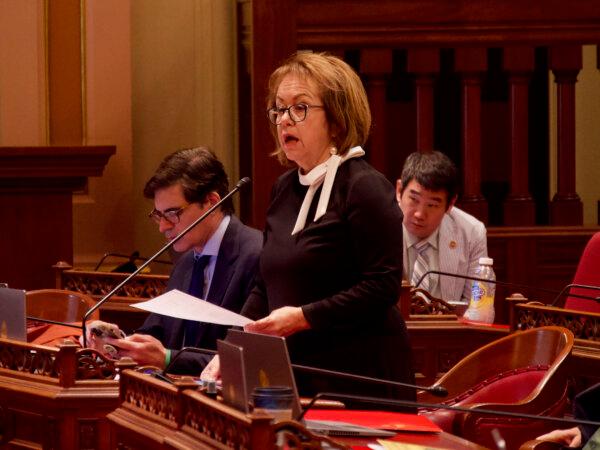 State Sen. María Elena Durazo presents Senate Bill 828 to the California Senate body at the Capitol on May 30, 2024. (Travis Gillmore/The Epoch Times)