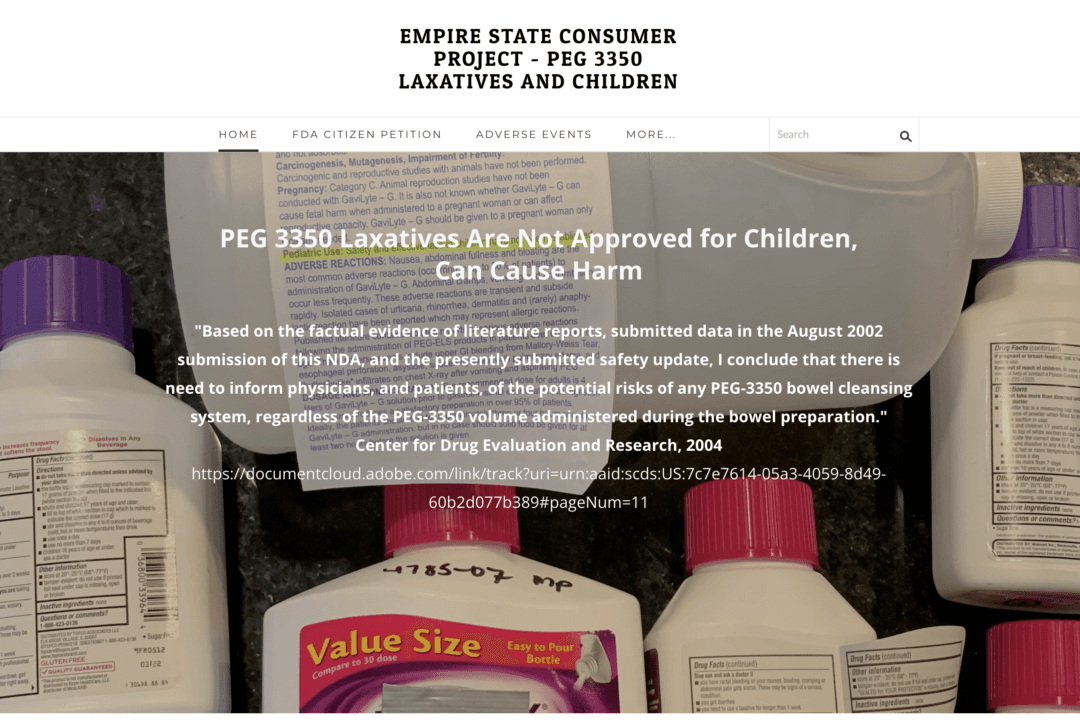 Concerns over the safety of PEG 3350-based laxatives prompted the Empire State Consumer Project to submit a citizen petition in 2012 and demand black box warnings on these products. (Screenshot via The Epoch Times)