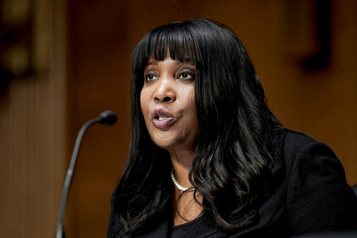 Lisa Cook, of Michigan, nominated to be a member of the Board of Governors of the Federal Reserve System, speaks before a Senate Banking, Housing, and Urban Affairs Committee confirmation hearing on Capitol Hill on Feb. 3, 2022. (Ken Cedeno/Reuters)
