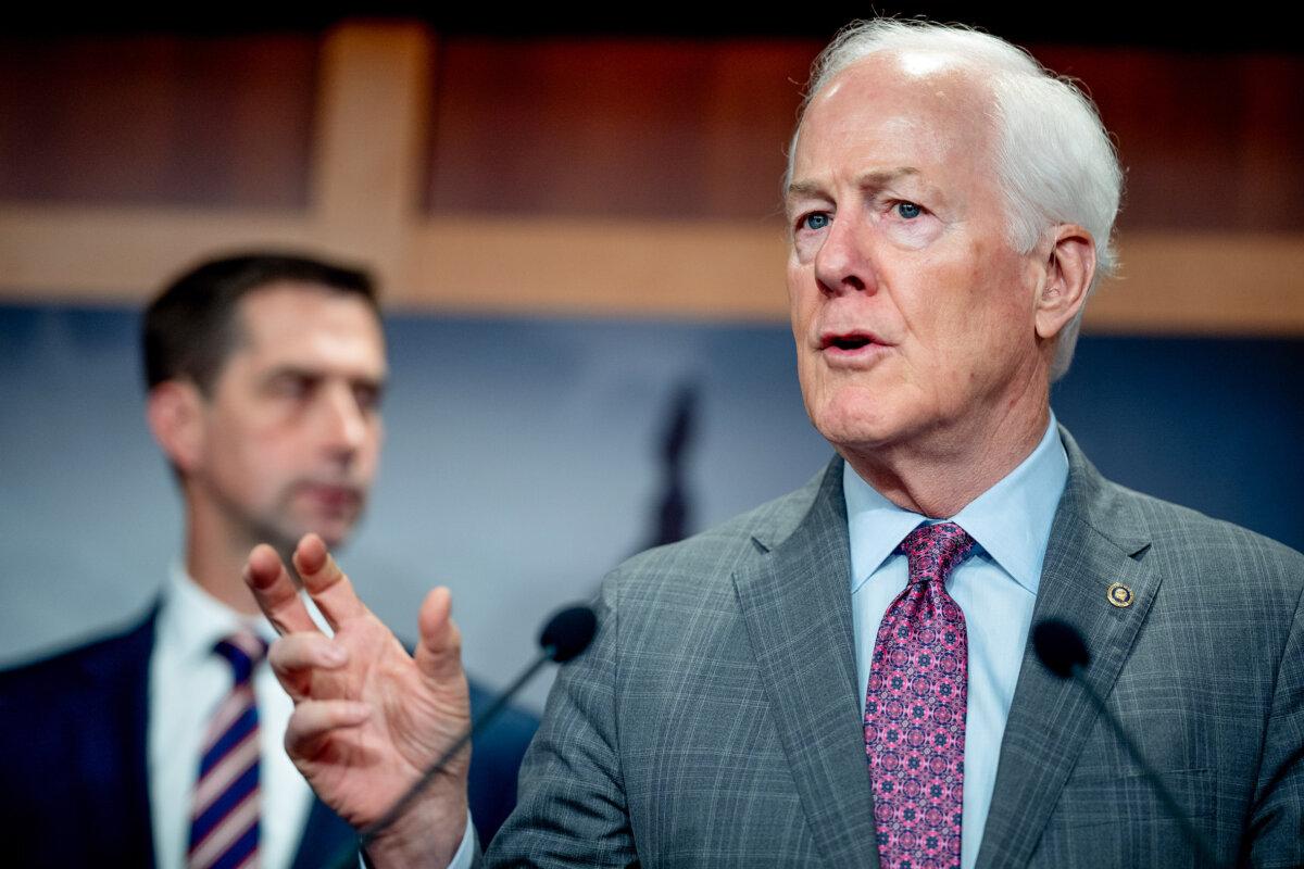 Sen. John Cornyn (R-Texas), accompanied by Sen. Tom Cotton (R-Ark.), speaks during a news conference on Capitol Hill on May 1, 2024. (Andrew Harnik/Getty Images)