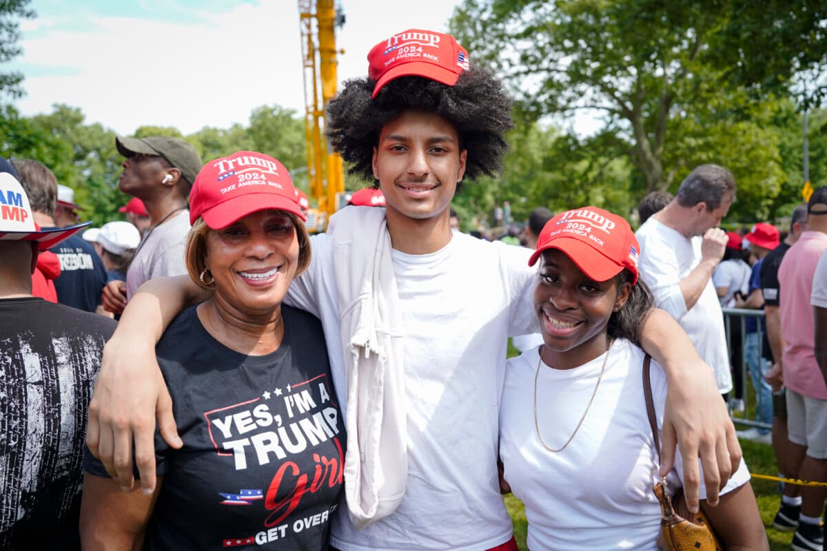 Erica Deavor (L), 60, before a rally with former President Donald Trump in the South Bronx in New York City on May 23, 2024. (Samira Bouaou/The Epoch Times)