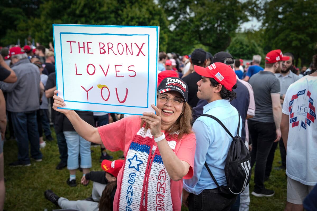 Attendees before a rally with former President Donald Trump in the South Bronx in New York City on May 23, 2024. (Samira Bouaou/The Epoch Times)