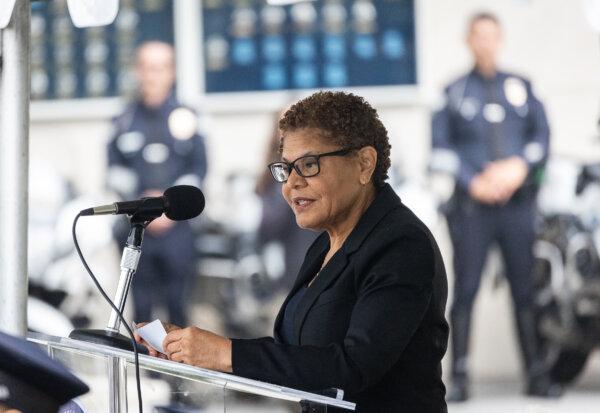 Los Angeles Mayor Karen Bass speaks at LAPD Headquarters in Los Angeles on May 28, 2024. (John Fredricks/The Epoch Times)