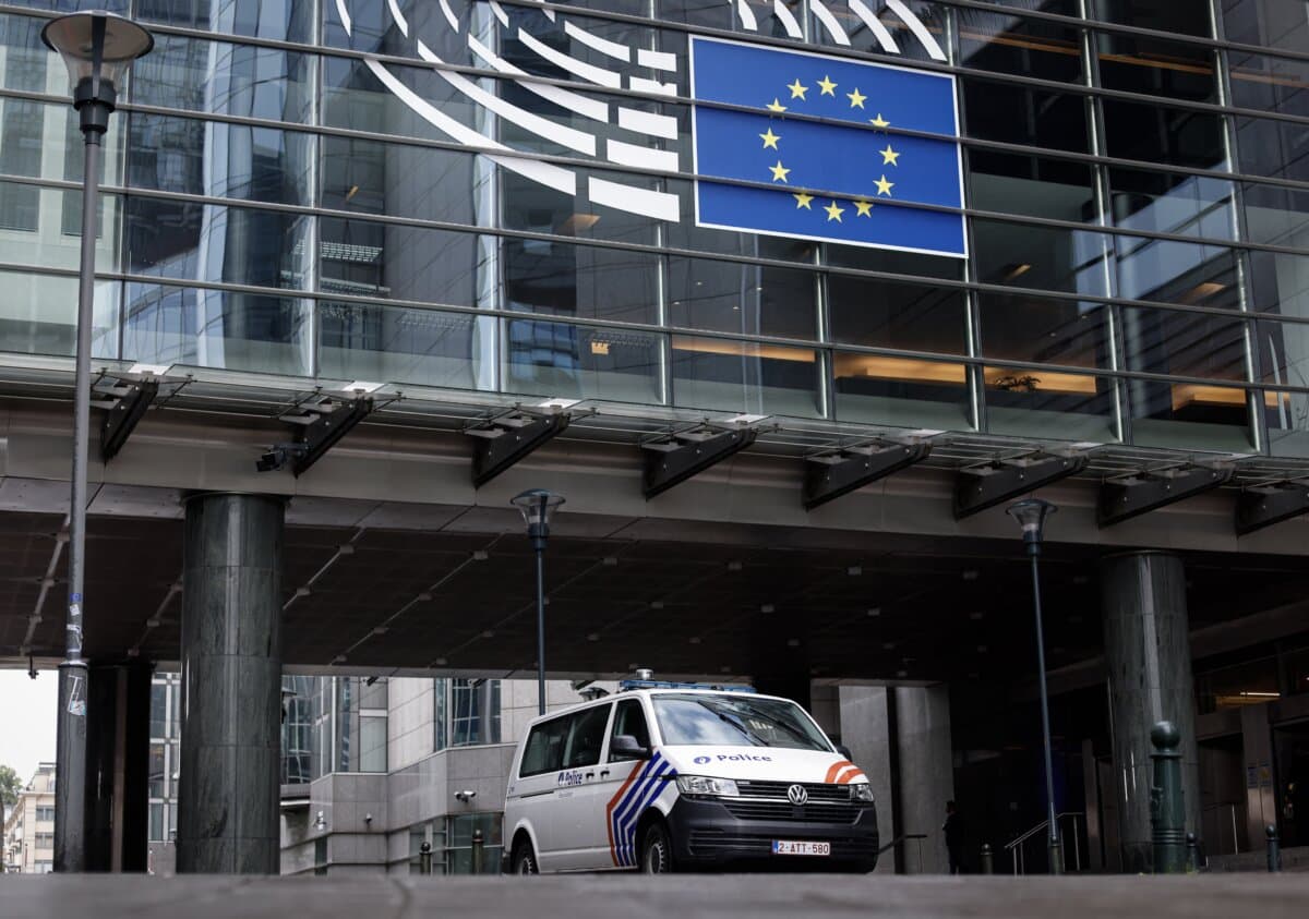A Belgian police vehicle stationed at the European Parliament building in Brussels on May 29, 2024. (Kenzo Tribouillard/AFP via Getty Images)
