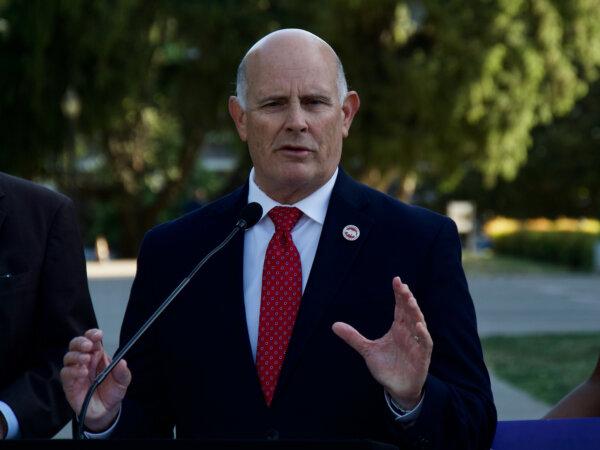 Sen. Kelly Seyarto speaks at a press conference opposing Assembly Bill 1955 in front of the Capitol on June 13, 2024. (Travis Gillmore/The Epoch Times)