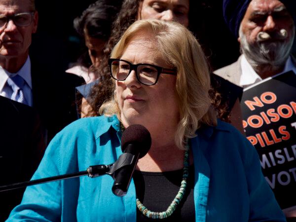 Pamela Smith speaks in support of the Homelessness, Drug Addiction, and Theft Reduction Act at a press conference in Sacramento, Calif., on June 12, 2024. (Travis Gillmore/The Epoch Times)