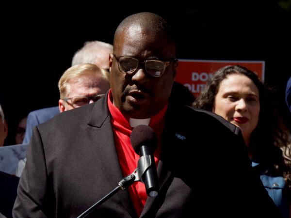 Reverend Mac Shorty speaks in support of the Homelessness, Drug Addiction, and Theft Reduction Act at a press conference in Sacramento, Calif., on June 12, 2024. (Travis Gillmore/The Epoch Times)