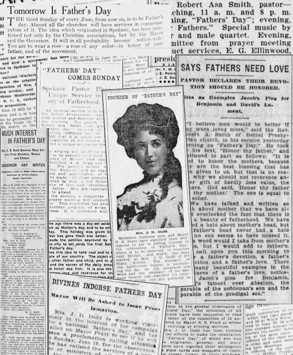 (Left) Sonora Smart Dodd, founder of Father’s Day in Spokane, Wash. Joel E. Ferris Research Archives at the Northwest Museum of Arts & Culture/Eastern Washington State Historical Society. (Right) Newspaper clippings from Spokane papers about the campaign to make Father’s Day a holiday, in 1910. (Courtesy of the Northwest Museum of Arts and Culture, Public domain)