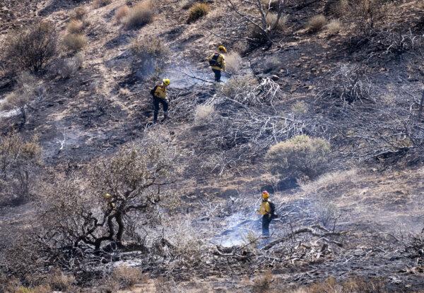 Fire fighters work on the Post Fire outside of Gorman, Calif., on June 17, 2024. (John Fredricks/The Epoch Times)