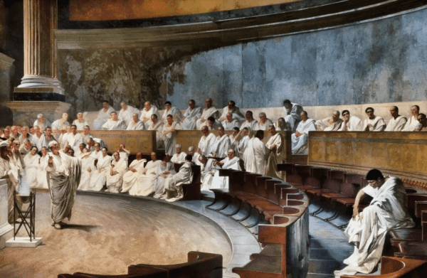 "Cicero Denounces Catiline," 1880, by Cesare Maccari. Fresco. Palazzo Madama, Rome. (Public Domain)