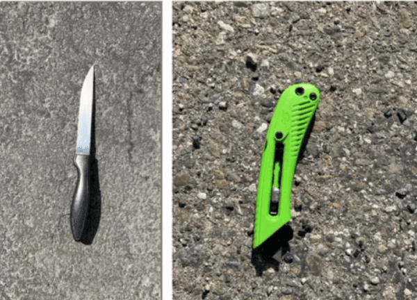 Authorities recovered a box cutter and what appeared to be a small kitchen paring knife at the scene of a police-involved shooting in Fullerton, Calif., on June 15, 2024. (Courtesy of Fullerton Police Department)