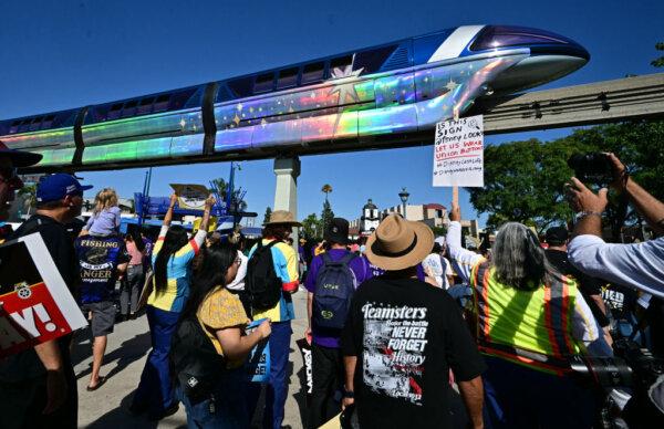 Disney employees rally outside the main entrance of Disneyland Resort in Anaheim, Calif., on July 17, 2024, ahead of a planned strike authorization vote. (Frederic J. Brown/AFP via Getty Images)