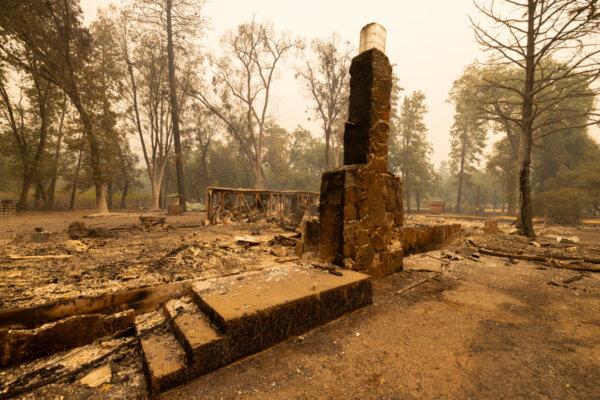 The ruins of a structure are seen near the small community of Payne Creek as the Park Fire continues to expand near Chico, Calif., on July 27, 2024. (David McNew/Getty Images)