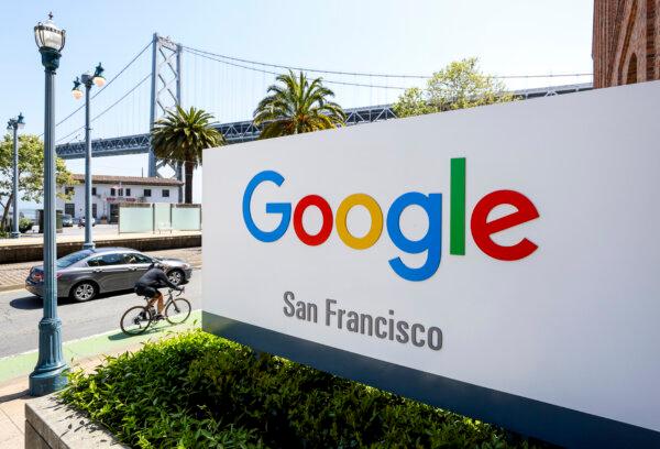A sign is posted in front of a Google office in San Francisco, Calif., on April 26, 2022. (Justin Sullivan/Getty Images)
