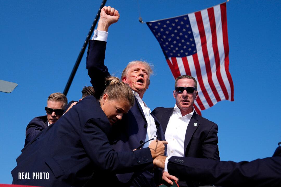 (Top) A video shows how to reverse-search on Google. (Bottom) The original photo. (The Epoch Times, Just2_U_/X, Evan Vucci/AP Photo)