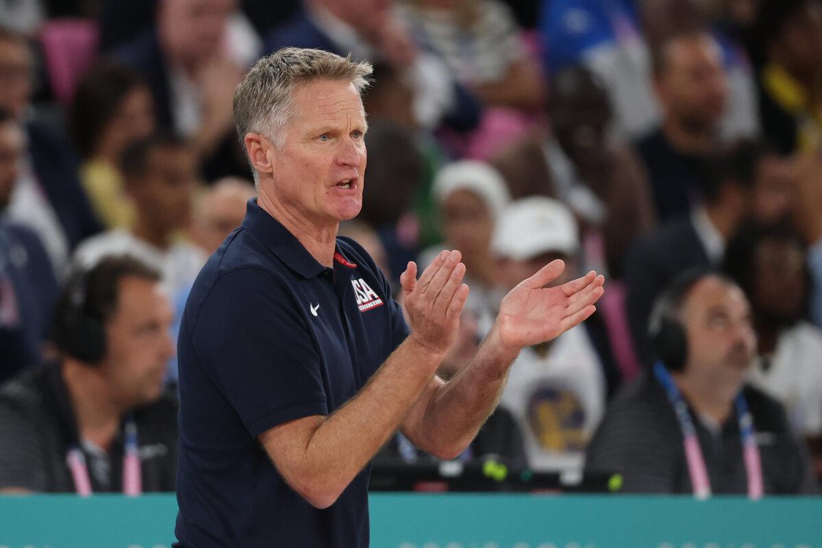 Coach Steve Kerr of Team USA reacts during the men's gold-medal game against France at the Olympics in Paris on Aug. 10, 2024. (Michael Reaves/Getty Images)