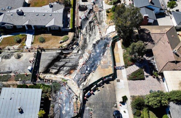An aerial view of damage from ongoing land movement in the area that has caused an electricity shutoff in Rancho Palos Verdes, Calif., on Sept. 3, 2024. (Mario Tama/Getty Images)