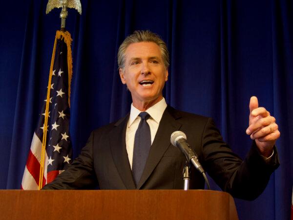 California Gov. Gavin Newsom speaks about the settlement of a lawsuit against Elk Grove over an affordable housing project at a press conference at the state's Department of Justice building in Sacramento, Calif., on Sept. 4, 2024. (Travis Gillmore/The Epoch Times)