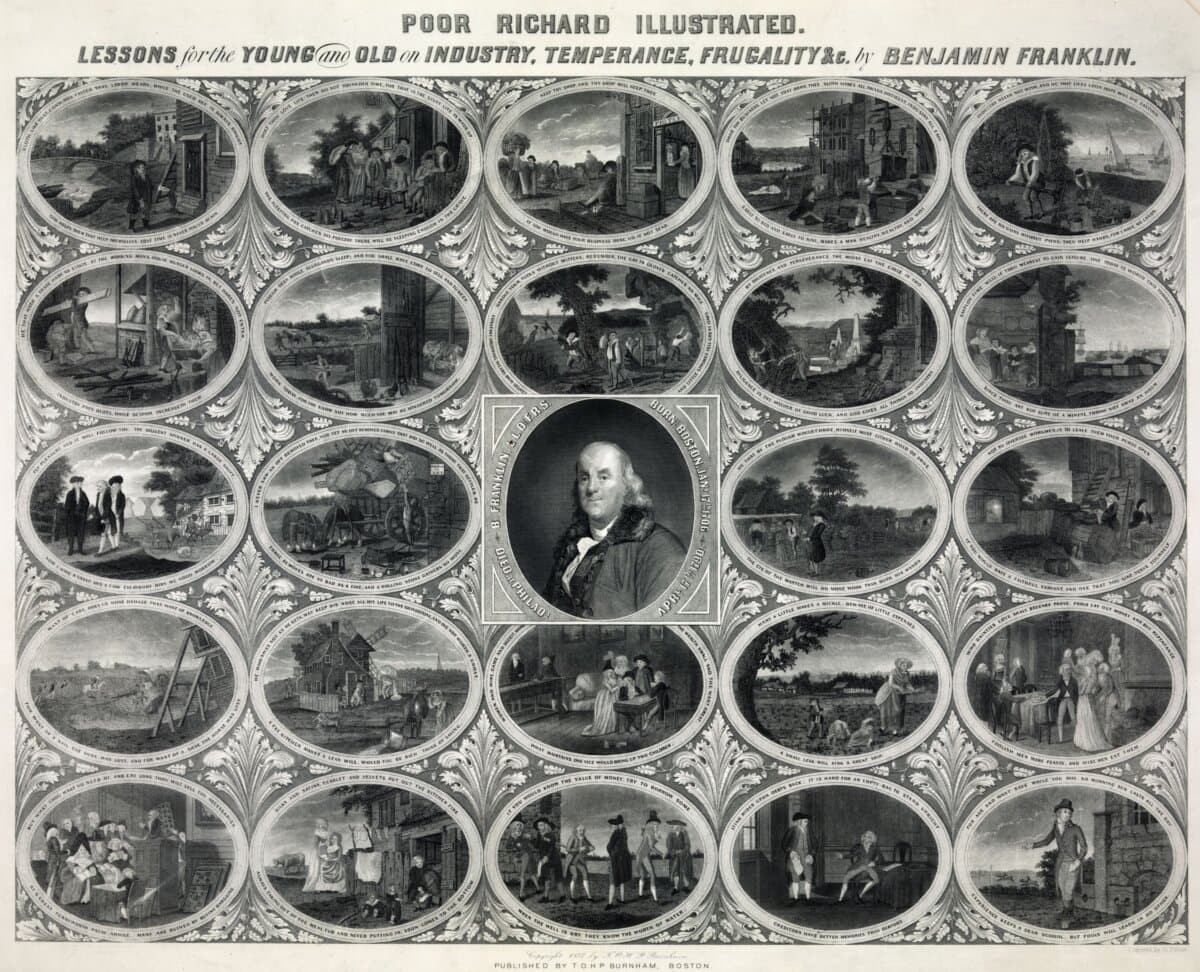 A 19th-century print based on "Poor Richard's Almanack," showing the author surrounded by 24 illustrations of many of his best-known sayings. (Public Domain)