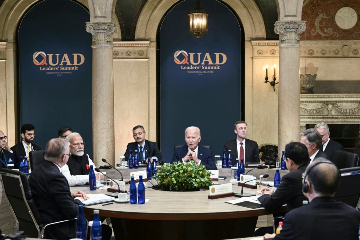U.S. President Joe Biden (C) meets with (L–R, at table) Australian Prime Minister Anthony Albanese, Indian Prime Minister Narendra Modi, Japanese Prime Minister Fumio Kishida, and U.S. Secretary of State Antony Blinken during the Quadrilateral Security Dialogue leaders' summit at the Archmere Academy in Wilmington, Del., on Sept. 21, 2024. (Brendan Smialowski/AFP via Getty Images)