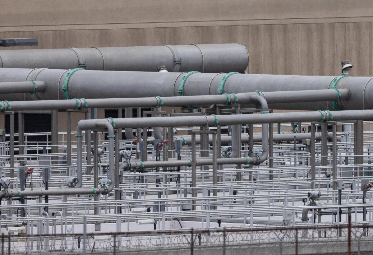 A sewage treatment facility pumps in water from the Tijuana River outside of San Diego, on Sept. 19, 2024. (John Fredricks/The Epoch Times)