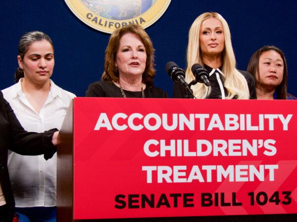 California state Sen. Shannon Grove (2nd L) speaks at a press conference for Senate Bill 1043 with Paris Hilton and fellow state Sens. Aisha Wahab (L) and Janet Nguyen (R) at the Capitol in Sacramento on April 15, 2024. (Travis Gillmore/The Epoch Times)