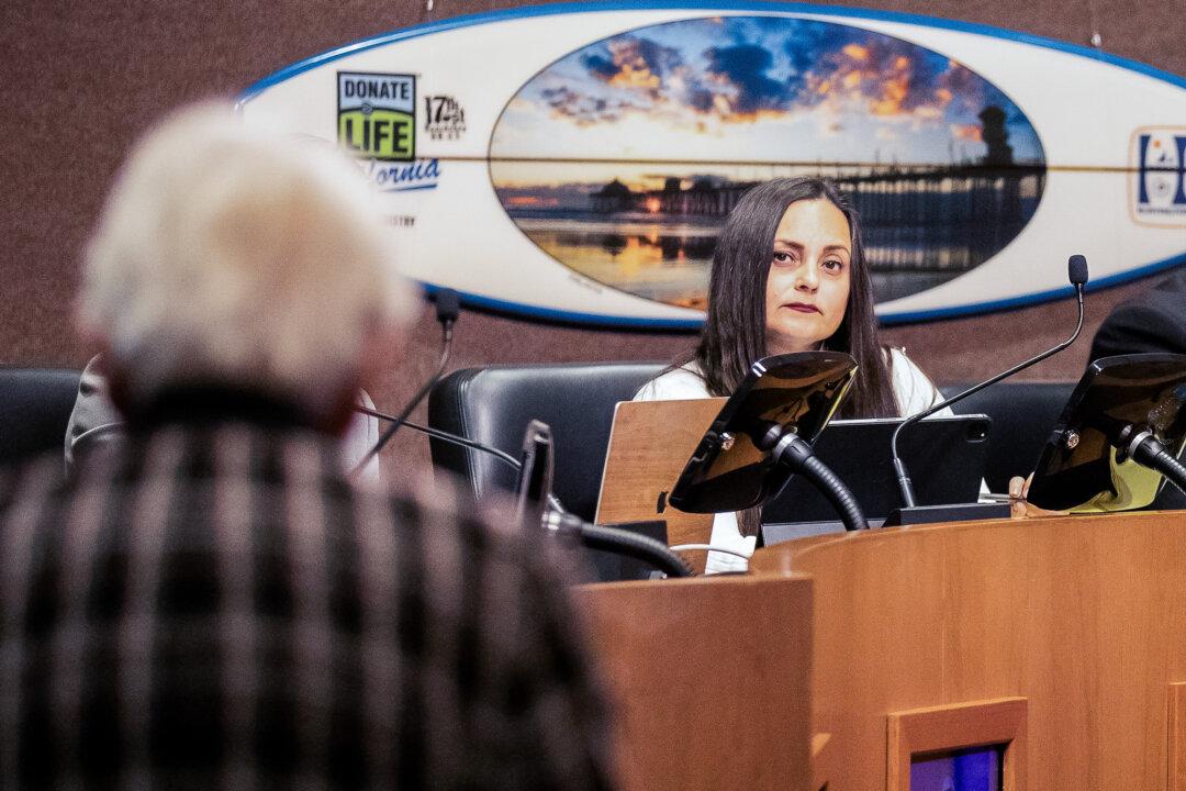 Huntington Beach Mayor Gracey Van Der Mark listens to residents speak during a city council meeting in Huntington Beach, Calif., on Jan. 17, 2023. (John Fredricks/The Epoch Times)