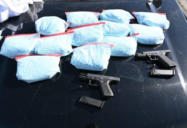 Authorities seized around 120,000 fentanyl-laced pills and two handguns during a traffic stop on Interstate 5 in Los Baños, Calif., on Oct. 4. (California Highway Patrol)