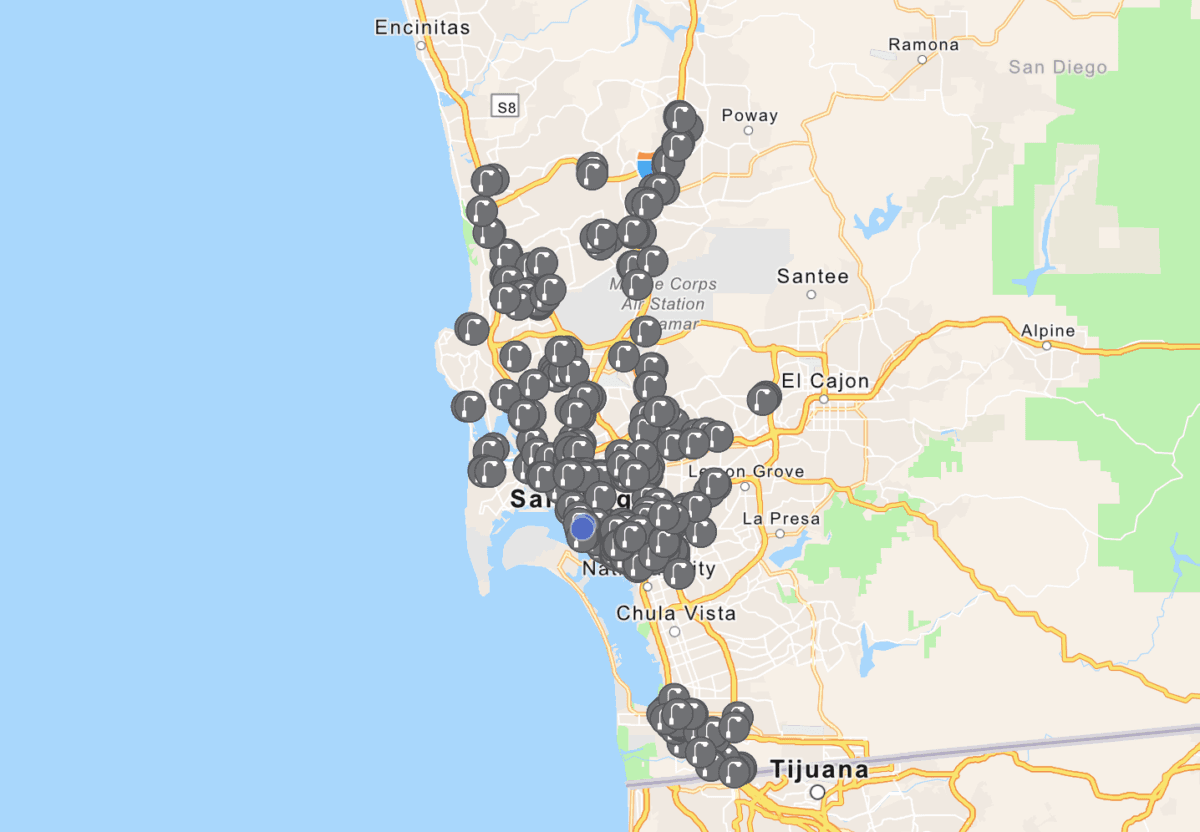 Map indicating locations of around 500 installed (gray dots) or to be installed (blue dots) smart streetlights and automated license plate recognition systems in San Diego. (San Diego Police Department/Screenshot via The Epoch Times)