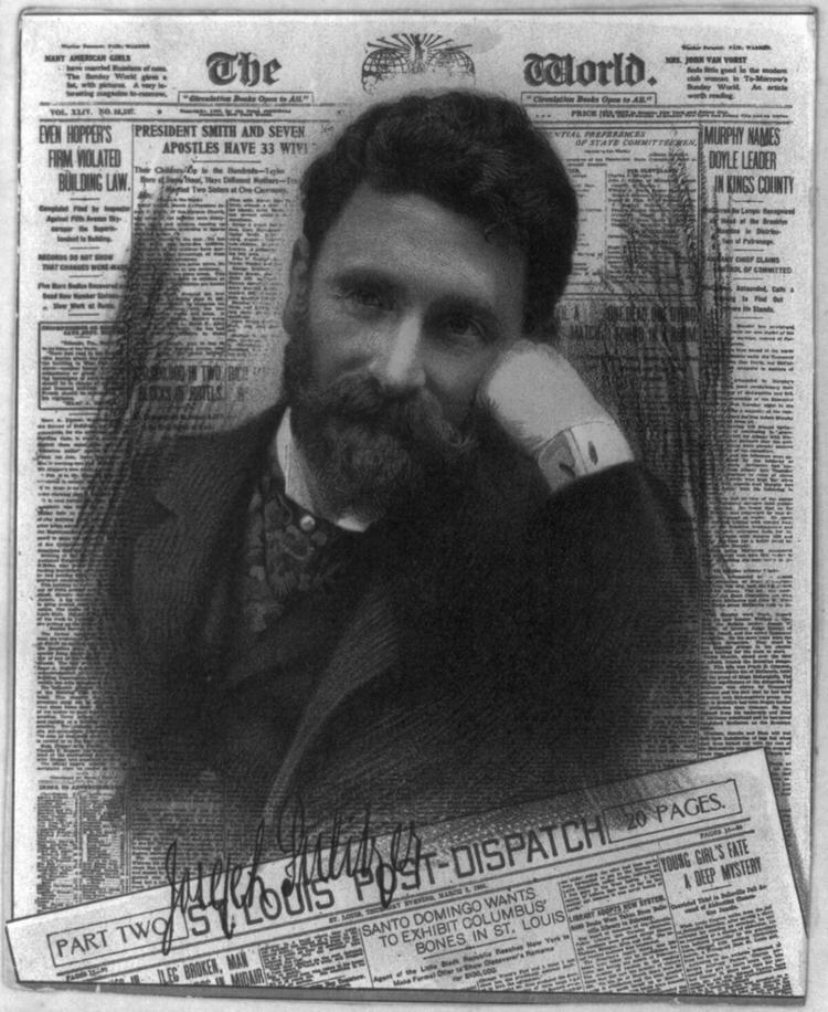 A chromolithograph of Pulitzer superimposed on a composite of his newspapers. (Public Domain)
