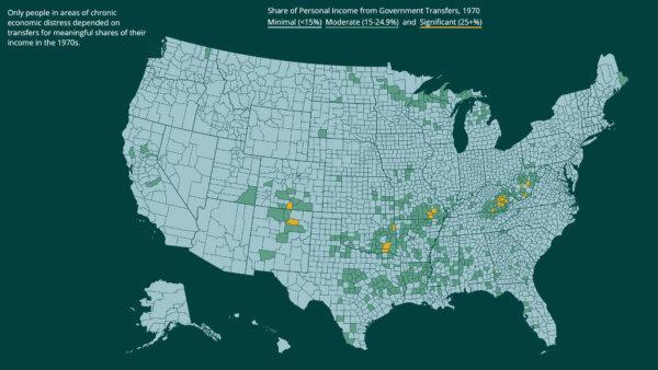 Transfer payments as a percent of total income, by county, in 1970—15 percent or more in green and 25 percent or more in yellow. (Source: Economic Innovation Group)