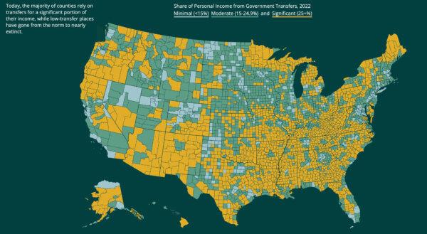 Government transfer payments as a percent of total income, by county, in 2022—15 percent or more in green and 25 percent or more in yellow. (Source: Economic Innovation Group)